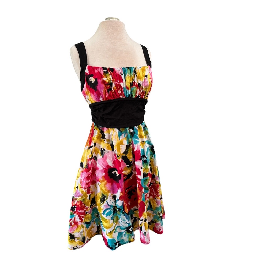 Vtg Floral Watercolor Fit and Flare Dress Multi-Color Empire Waist Tie Back